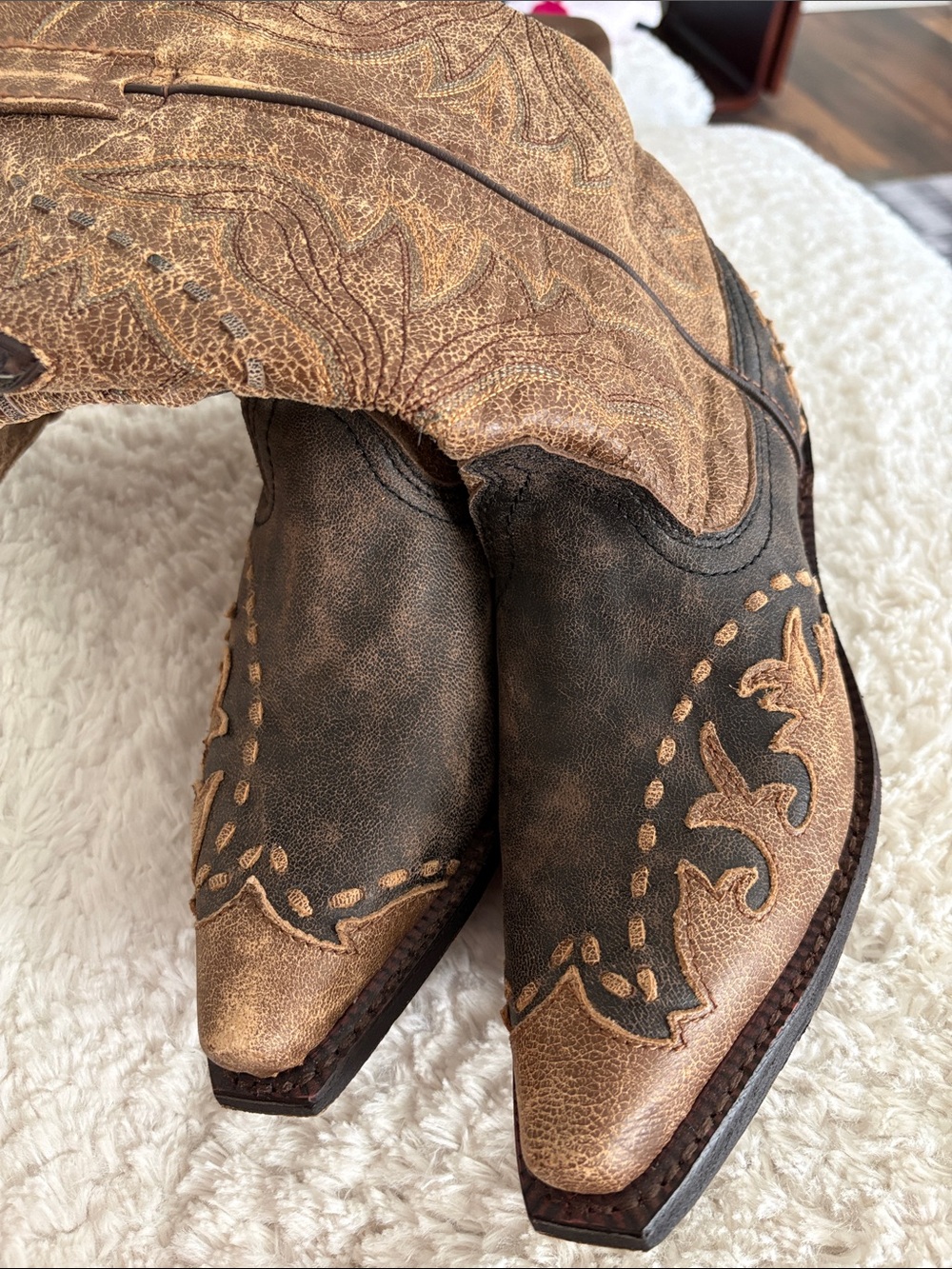 Laredo Two-Tone Brown Distressed Leather Western Booties - Picture 3 of 3